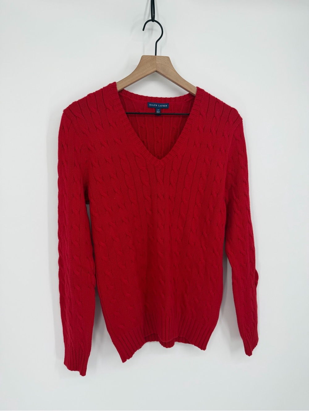 Ralph Lauren Cable Knit V-Neck Sweater Red Women’s Size Large Cotton